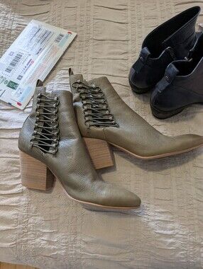 Olive Green Lace-Up Leather Block Heel Ankle Boots
